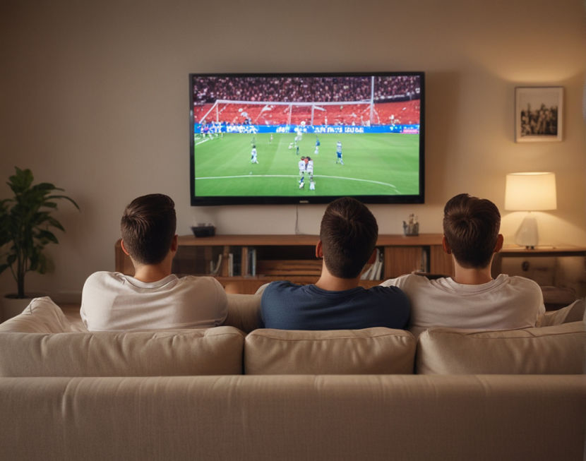 Three male friends sit closely together on a couch, facing a television screen showing a soccer game.