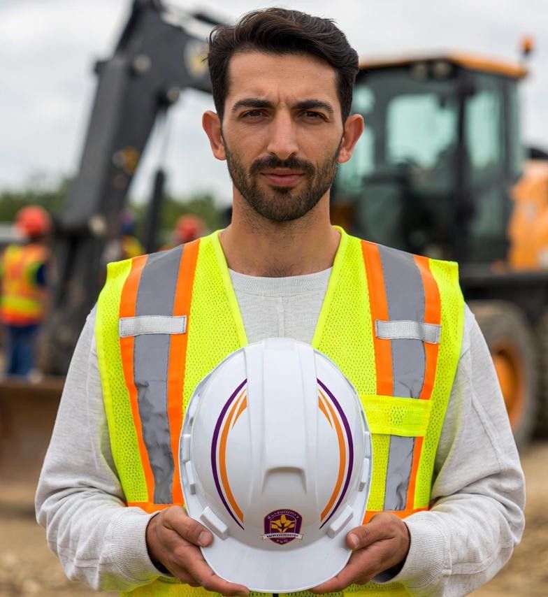 Energy worker holding a personalized hard hat at a job site