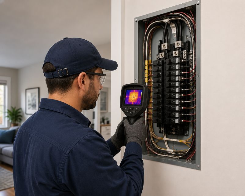 licensed electrician inspecting a residential electrical panel